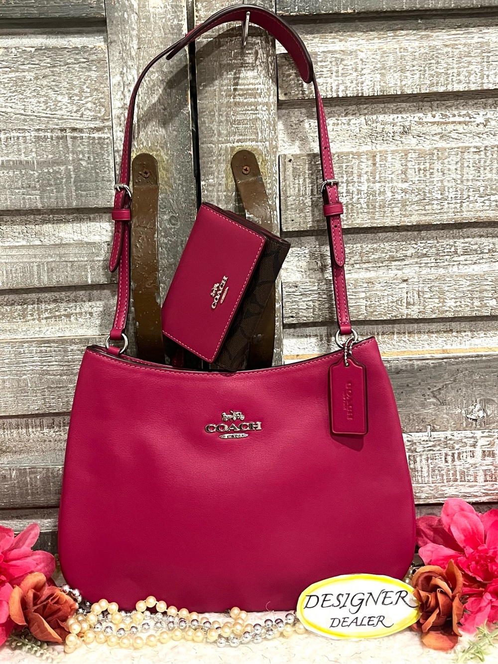 COACH Penelope Leather Shoulder Bag Bright Violet CO952 With Wallet